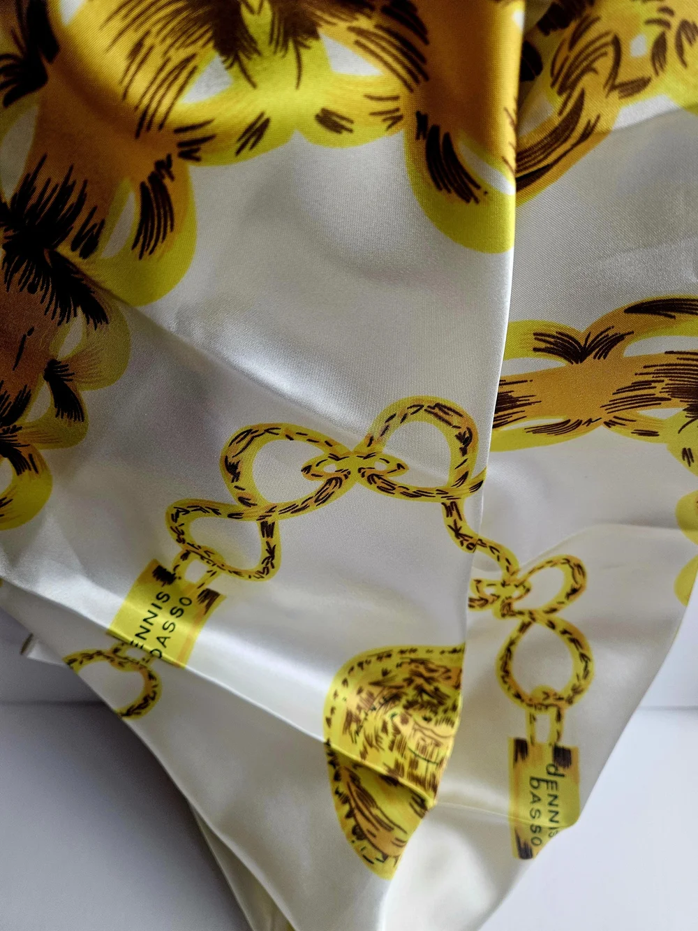 Dennis Basso Silk Scarf Yellow Gold Chain Link Print Vintage Square Wrap